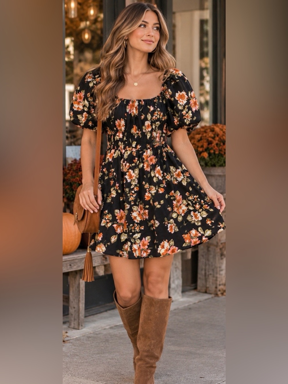 Altar’d State Fall Floral Mini Dress Black Orange Fall Boho Puff Sleeve Romantic